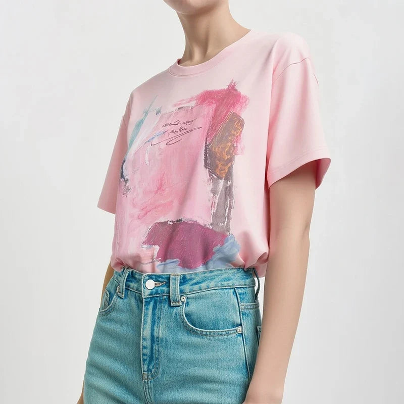 Women's T-Shirt 2026 Summer New Cotton O-Neck Drop Shoulder Tee Casual Printed Loose Short Sleeve Top For Women 12642030
