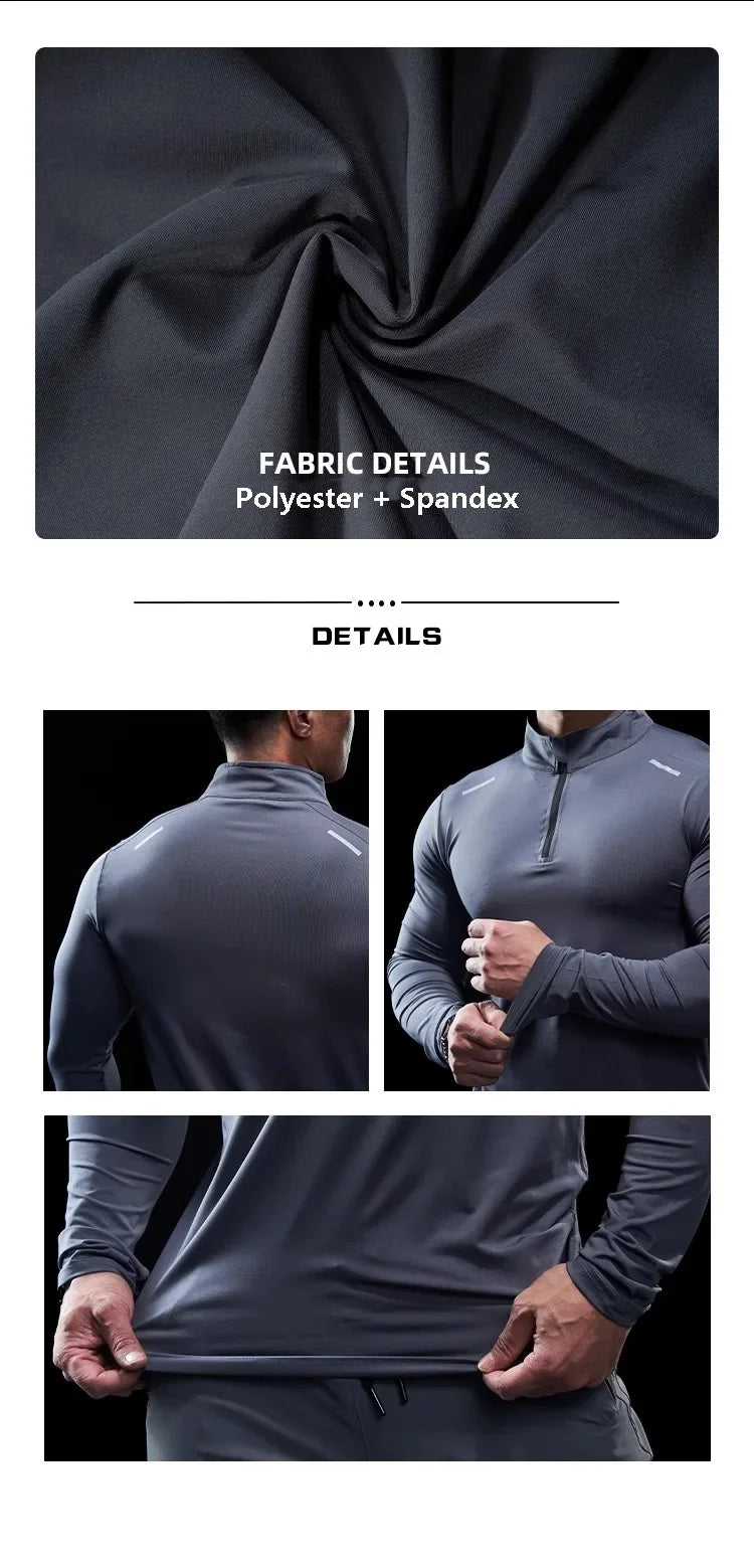 Men Stand Collar Zipper T-shirt Gym Running Training Fitness Bodybuilding Sport Top Quality Elastic Long Sleeve Tight Tops Tees