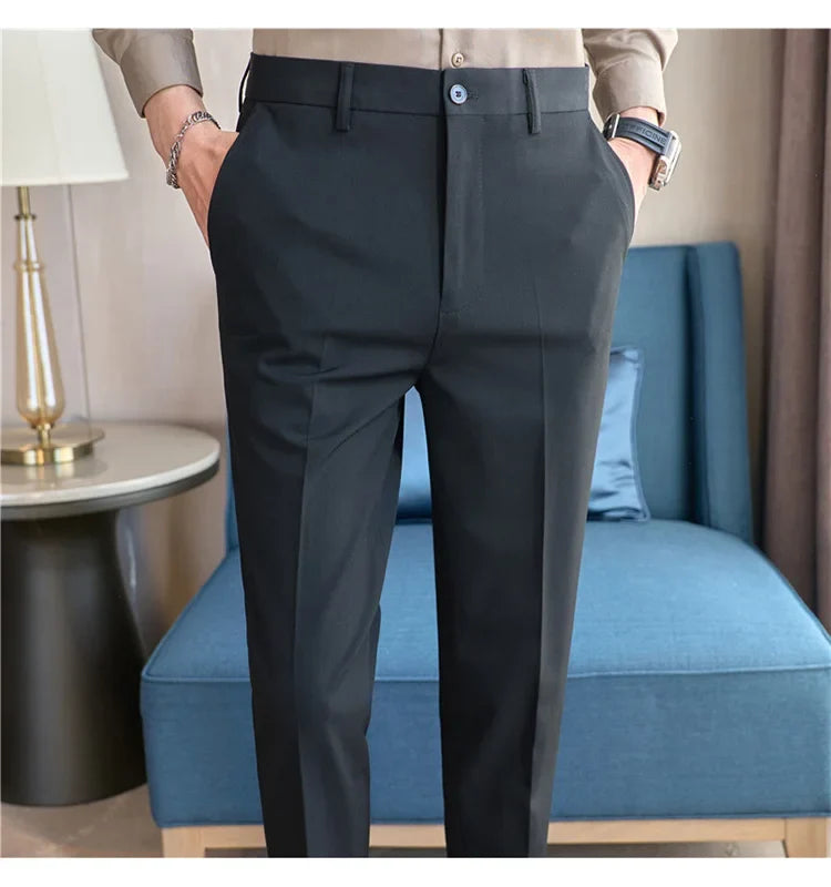 2026 Spring Summer New Men's Casual Pants Luxury Slim Fit Solid Color Fashion Business Suit Pants Formal Office Social Trousers