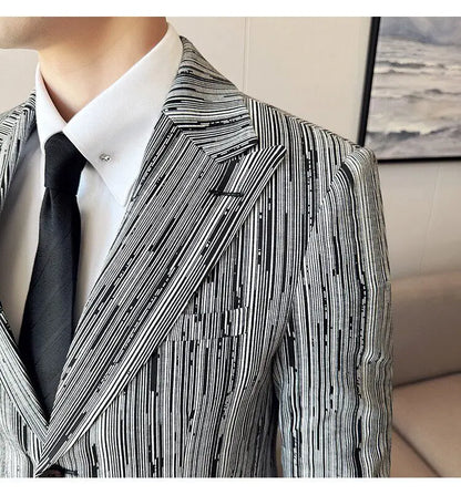 Fashion Meteor Line Checkered Elegant Suit Jacket Men Fashion De Luxe Business Slim Fit Single Breasted Social Party Dress Coats