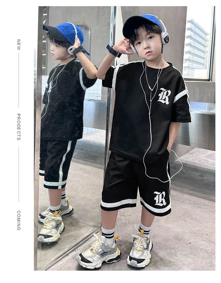 2025 Kids Summer Clothing Boys Top and Bottom Set Beige Black Color T-shirt Shorts 2PCS Tracksuit Set Teens Child Casual Outfit