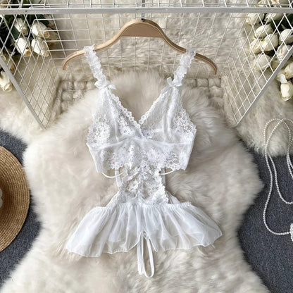 Woman Fashion Sexy Strap Dress New Sleeveless Slim Floral Print Mini Dress Comfortable Breathable Mesh Lace Mini Dress