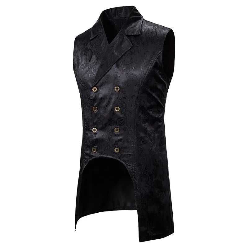 2026 Eur-Usa Fashion Elegant Jacquard Mid Length Tailcoat Vest for Men, Navy Blue Vintage Gothic Sleeveless Palace Men's Tuxedo