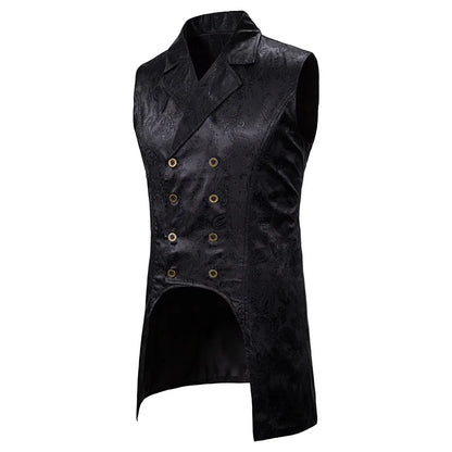 2026 Eur-Usa Fashion Elegant Jacquard Mid Length Tailcoat Vest for Men, Navy Blue Vintage Gothic Sleeveless Palace Men's Tuxedo