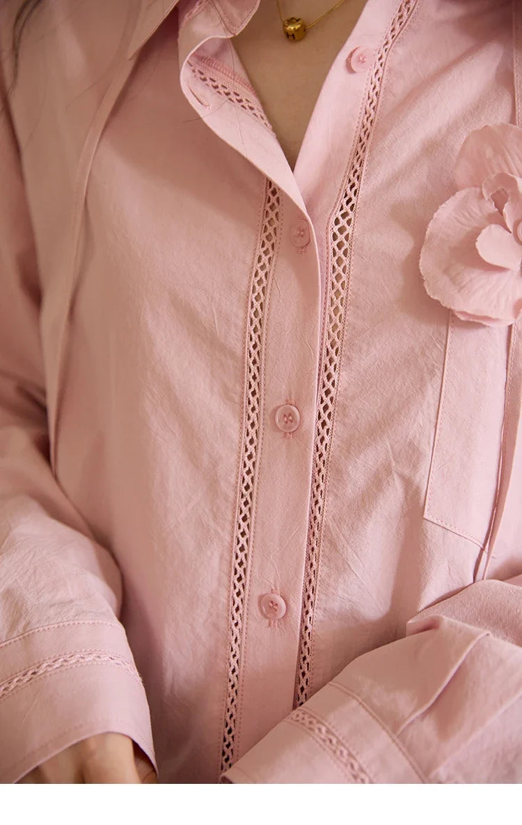 100% Cotton Shirt For Women Autumn 2025 New Fashion Petal Ribbon Button Long Sleeves Shirt Women's Clothing MXE41C2349
