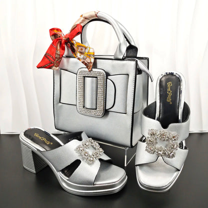 African Fashion Women's DK.Green Sandals With Square Fine Clutch Bag Italian Design Casual Style Shoes And Bag Set