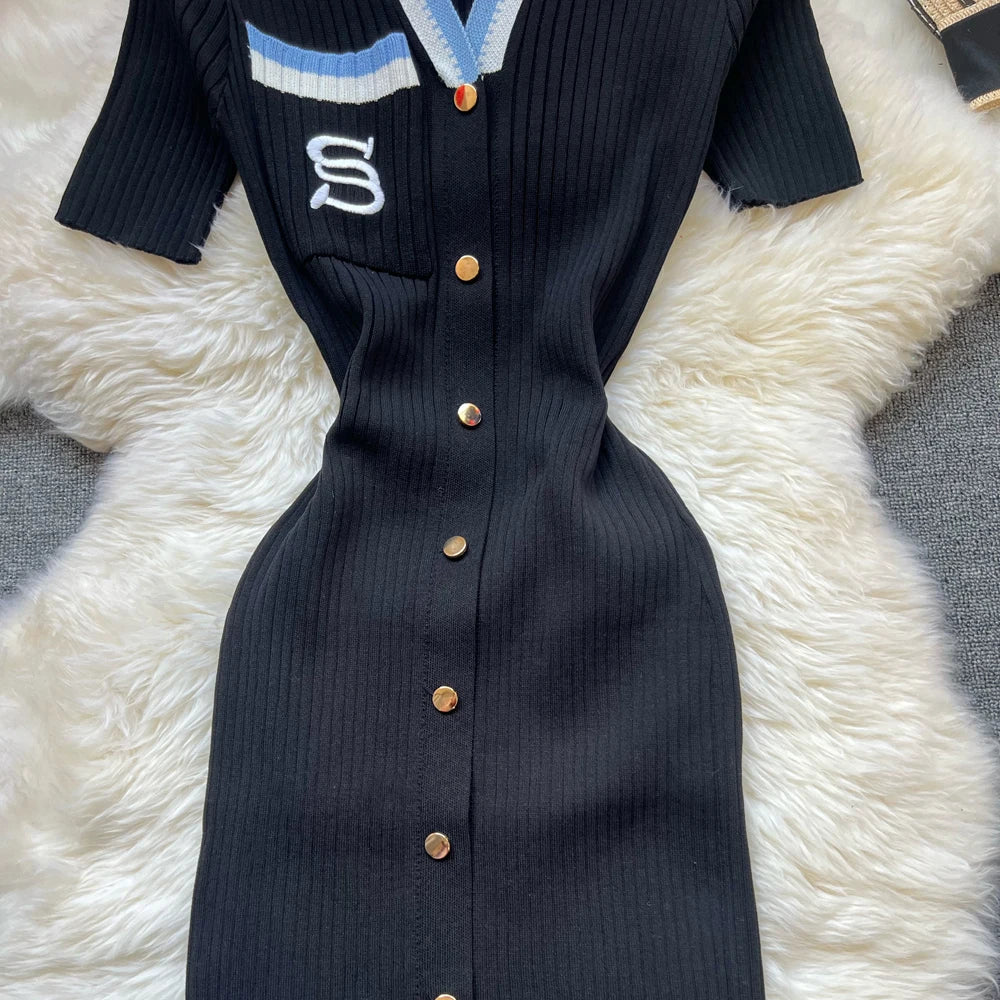 Brand Fashion Summer Knitted Dress Women 2025 New Y2K Embroidery Long Bodycon Sweater Dress Streetwear Lady Vestidos