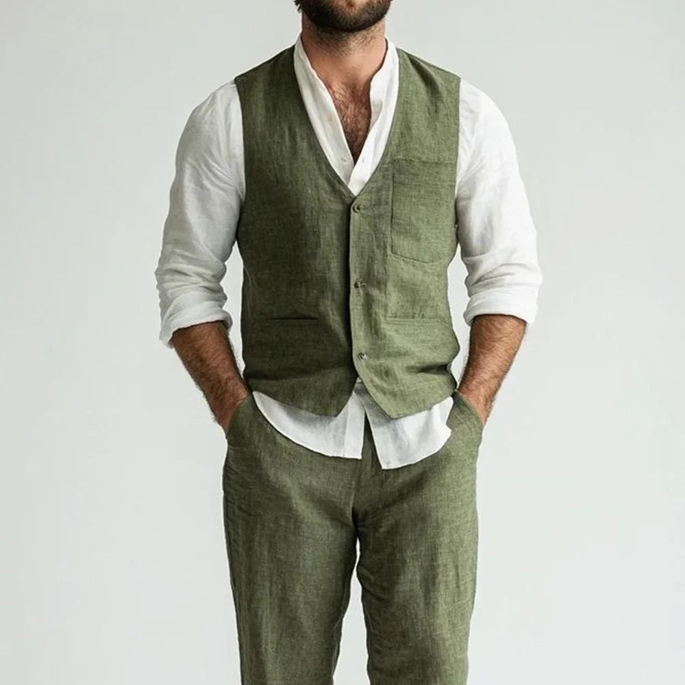 Linen Man Vest Solid Color Elegant for Men's Suit V-Neck Lightweight Casual Style Single-Breasted V-Neck Classic Sleeveless