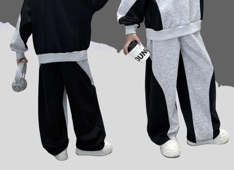 Spring Boys Black x Grey Contrast Pullover Sweatshirt+Sweatpant Work Set School Kid 2PCS Tracksuit Children Jogger Outfit 5-16Yr