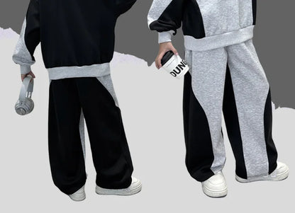 Spring Boys Black x Grey Contrast Pullover Sweatshirt+Sweatpant Work Set School Kid 2PCS Tracksuit Children Jogger Outfit 5-16Yr