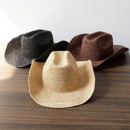Hand-crocheted Natural Raffia Straw Cowboy Hat for Women Men Summer Wide Brim Sun Hat Outdoor Breathable Beach Caps