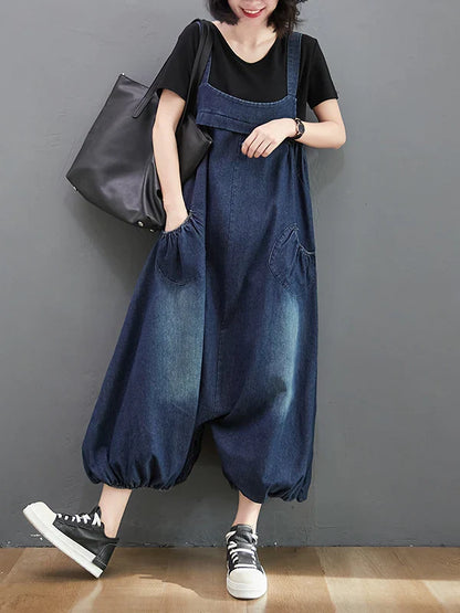 Loose Fit Denim Overalls Women's Summer 2026 Faion plus Size Lantern Leg One-Piece Pants High Waist Long Trousers