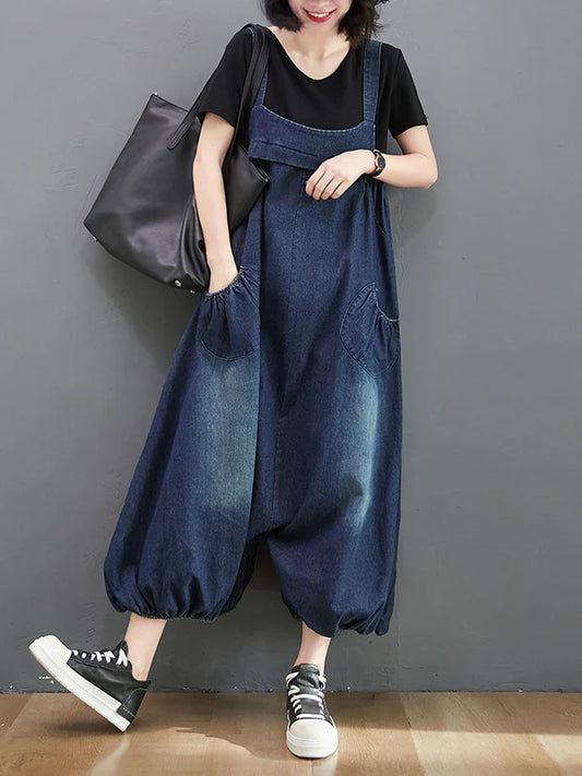 Loose Fit Denim Overalls Women's Summer 2026 Faion plus Size Lantern Leg One-Piece Pants High Waist Long Trousers