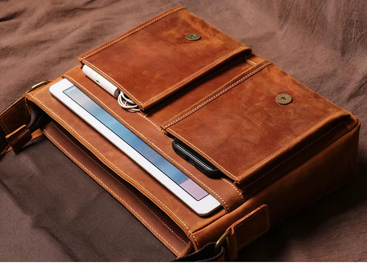 Vintage Crazy Horse Leather Messenger Bag Men's Genuine Luxury Sling Shoulder Bag Office Briefcase Crossbody 12.9 Inch Ipad