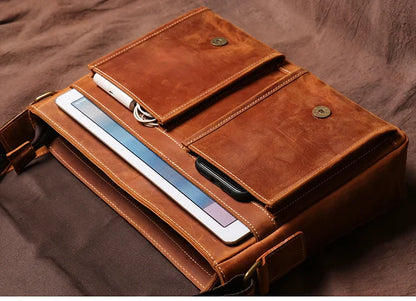 Vintage Crazy Horse Leather Messenger Bag Men's Genuine Luxury Sling Shoulder Bag Office Briefcase Crossbody 12.9 Inch Ipad