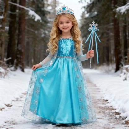 Girls Cosplay Snow Queen Elsa Snowflake Cape Costumes Kids Carnival Party Prom Gown Children Clothes Elsa Princess Dresses