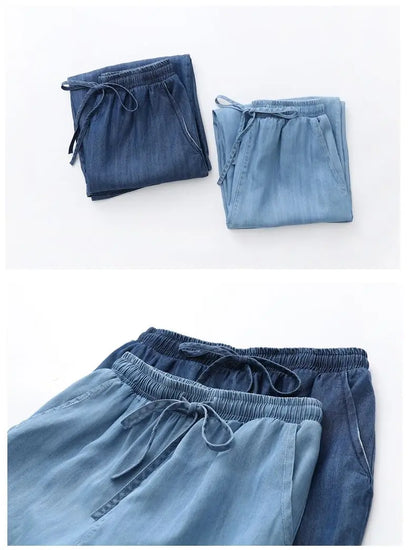 Women's Pants Summer Drawstring Wide-leg Pants Cotton Blue Calf-Length Jeans Pants Mom Elastic Waist Straight Pants Women