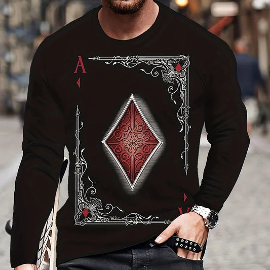 Summer Men's T-Shirt Big Size Loose Retro Short Sleeve Fashion American Poker Letter Print O Neck Long Sleeve Autumn Shirt