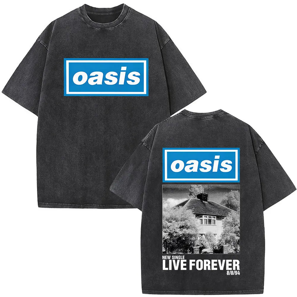 O-Oasis T-Shirts British Rock Band Vintage Washed T-shirt Men Women Clothing Cotton Casual Short Sleeve T Shirts Tops Streetwear