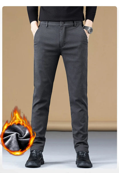 Stretch Fleece Casual Pants Men Korean Thickened Straight Thermal Velvet Pants Male Winter Business Soft Slim Fit Trousers