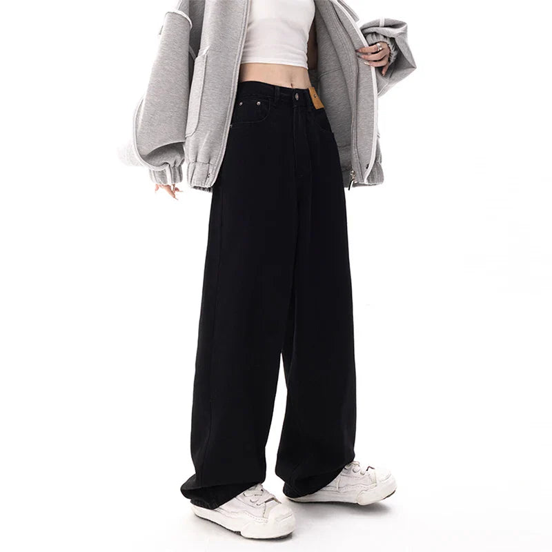 Black Baggy Straight Jeans Women Korean Fashion Streetwear High Waist Wide Leg Denim Pants Female Loose Mopping Jean Trouser Y2K