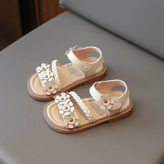 Girls Beige Braided 3D Flower Princess Sandals, Hook-and-Loop Soft Elastic Non-Slip Wear-Resistant Rubber Sole Lightw