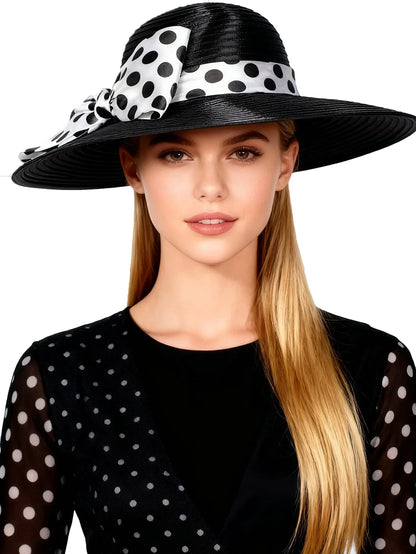 Elegant Women Wide Brim Rose Black Patchwork Polka Dots Kentucky Hat For Wedding Party Hat Big Bowknot Fedora Beach Cap