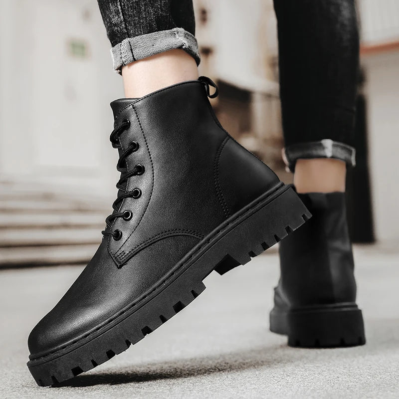 Men Shoes Autumn Anti Slip Waterproof High Top Black Lace Up Casual Leather Shoes Platform Boots Fashion Trend Motorcycle Boots