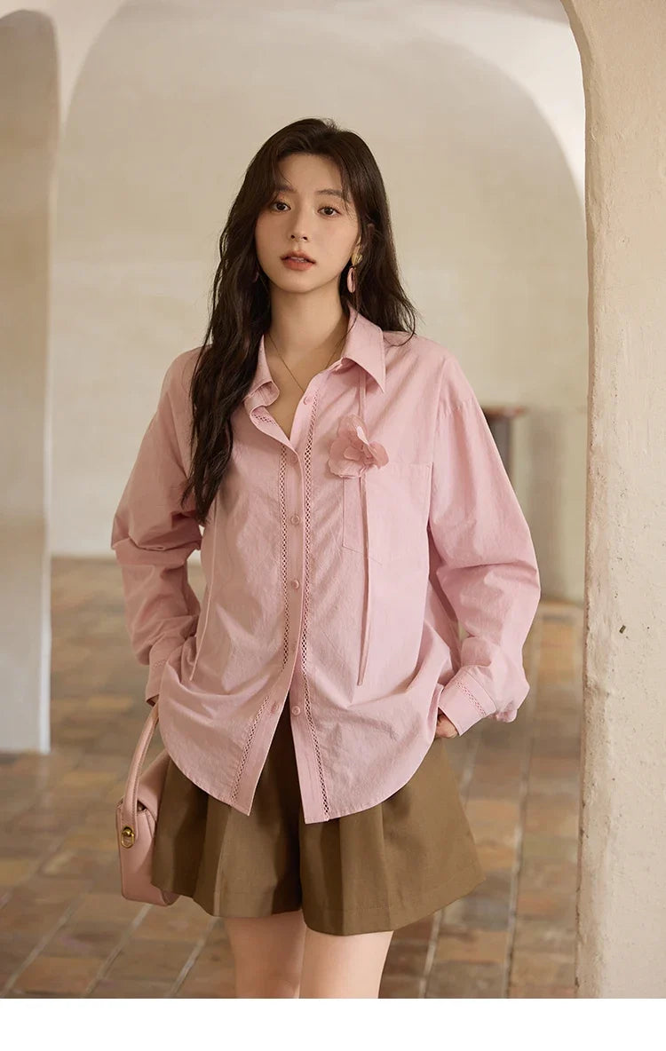 100% Cotton Shirt For Women Autumn 2025 New Fashion Petal Ribbon Button Long Sleeves Shirt Women's Clothing MXE41C2349