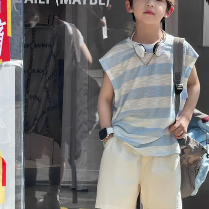 Breathable Lightweight Blue Striped Sleeveless Pure Cotton Shorts Kids Boy Clothes Set Cartoon Children's Fashion Korean Boys'