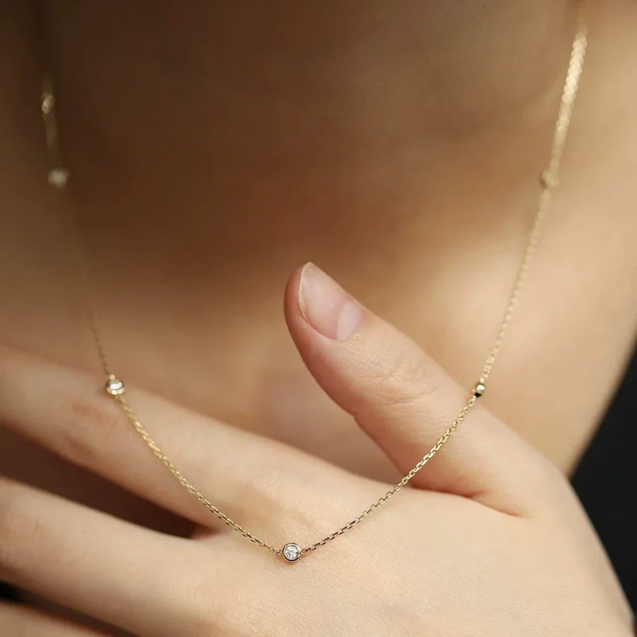 100% S925 Sterling Silver Round Zircon Bead Necklace for Women Gold Silver Color Korea Clavicle Chain Necklace Trendy Jewe