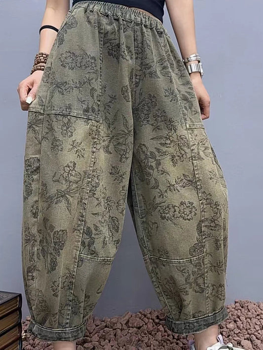 2025 Floral Spring Ladies Printed Classic Elegant Harem Pants Casual Fashion Jeans Vintage Loose Women Denim Trousers