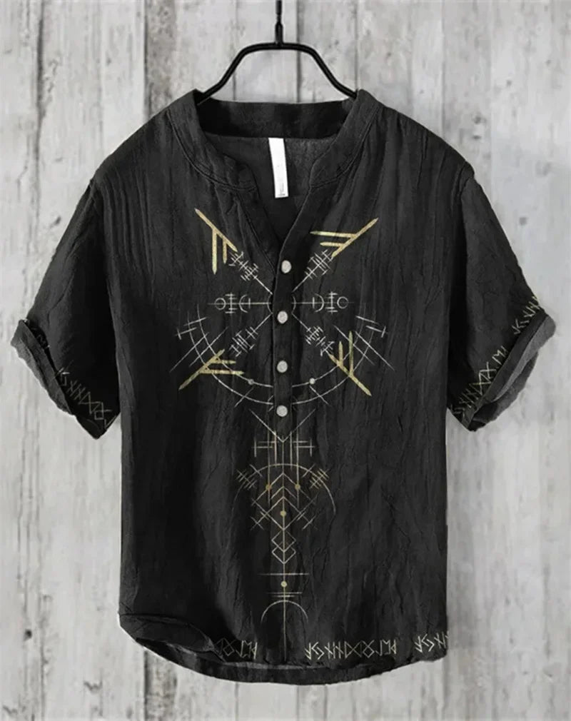 New Men's 3D Printed V Neck Short Sleeve Shirt Foreign Trade Casual Fashion Loose Linen Short Sleeve Shirt Top