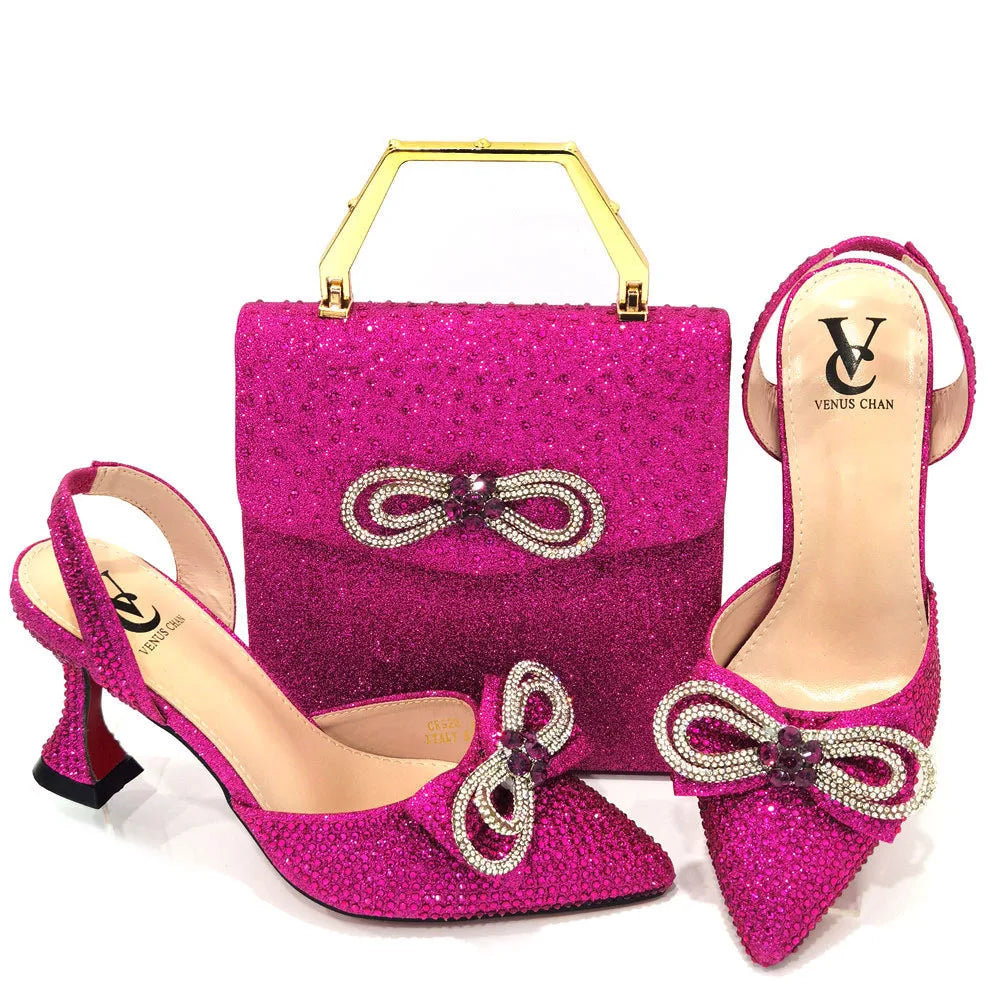 The Latest INS Style Rhinestone Bow Side Empty Party High Heels Pointed Toe Stiletto Heels Silver Women's Shoes And Bags