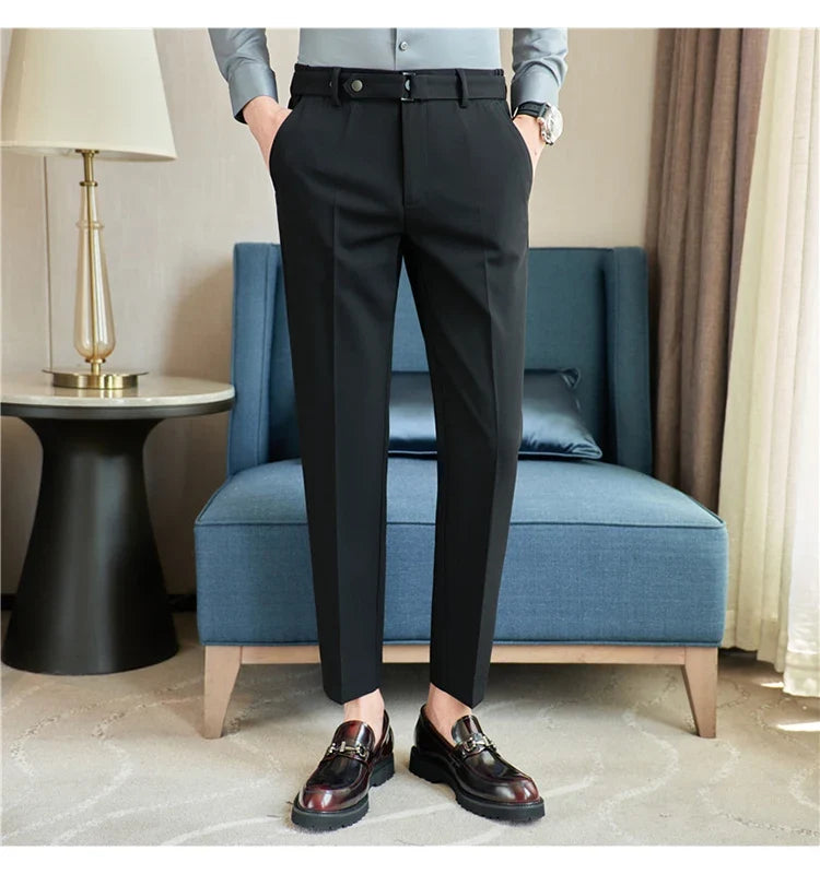 Fashion Belt Decoration Design Men's Suit Pants High Quality Business Slim Fit Casual Straight Formal Wedding Party Trousers
