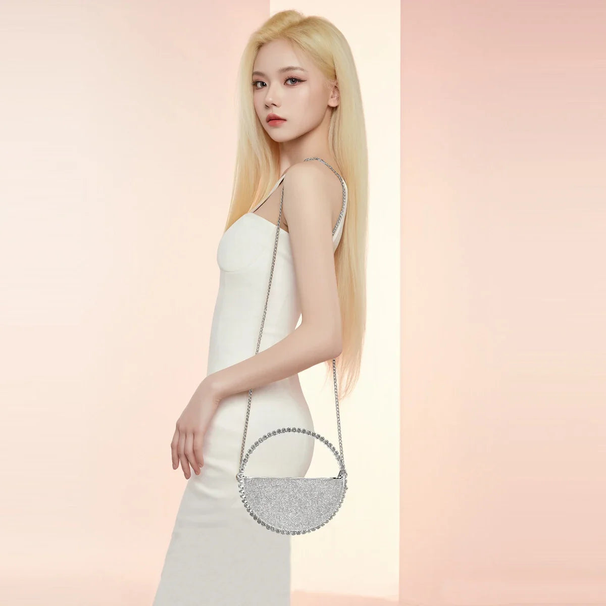 New niche round set diamond shaped handbag, socialite rhinestone banquet bag, French dress evening bag, crossbody dinner bag