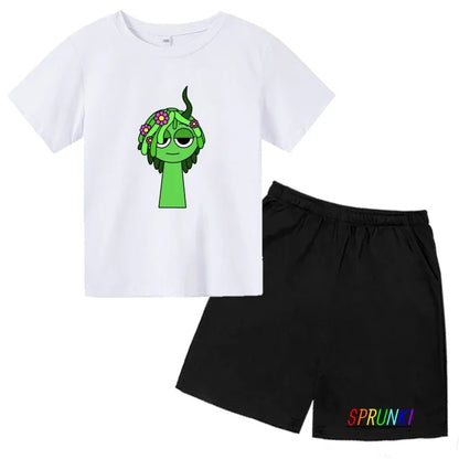 2026 Sprunki Kids T-Shirt + Shorts Set, Boys Girls Cartoon Game Printed Cotton Short Sleeve 2Pcs Summer Casual Outfit