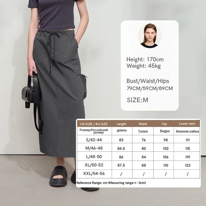 Minimalist Women Clothing Skirt 2025 Autumn New Casual Loose Multi-pocket Drawstring Elastic Waist Long Skirt 12522020