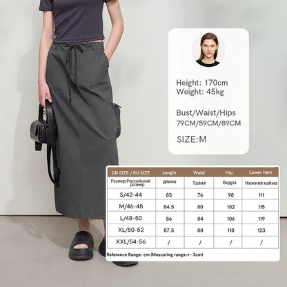 Minimalist Women Clothing Skirt 2025 Autumn New Casual Loose Multi-pocket Drawstring Elastic Waist Long Skirt 12522020
