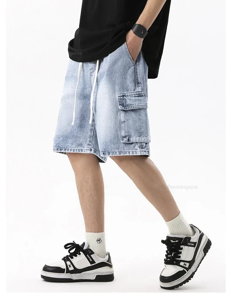 Summer Retro Fashion Denim Shorts for Men Loose Straight Leg Multi-pocket Short Jeans With Elastic Waist and Drawstring Male