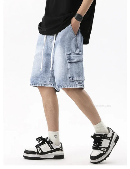 Summer Retro Fashion Denim Shorts for Men Loose Straight Leg Multi-pocket Short Jeans With Elastic Waist and Drawstring Male