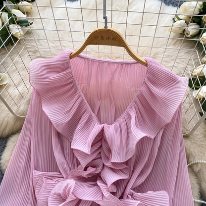 Ruffles Pleated Romantic Tops Thin Spring Summer V Neck French Elegant Blouse Fairycore Flowy Office Lady Luxury Shirt