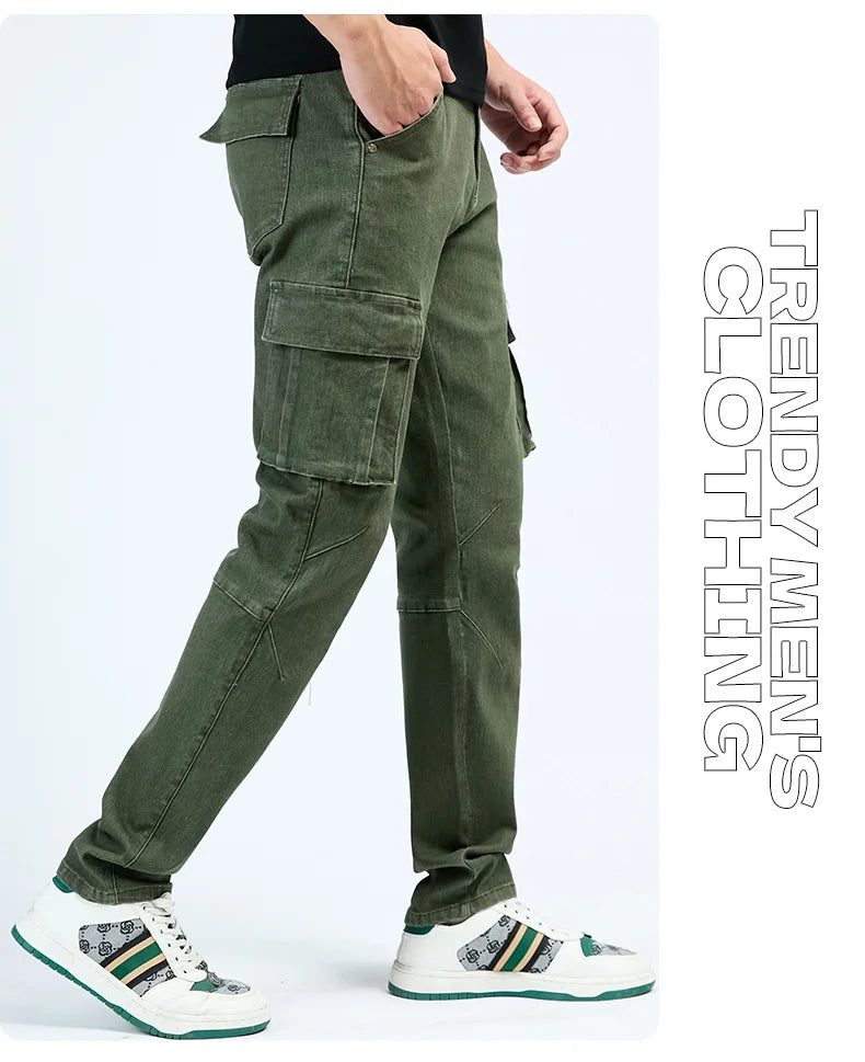 Men's Street Style Elastic Waist Denim Cargo Pants Solid Color Washed Slim Fit Casual Jeans with Multiple Pockets for Daily Wear