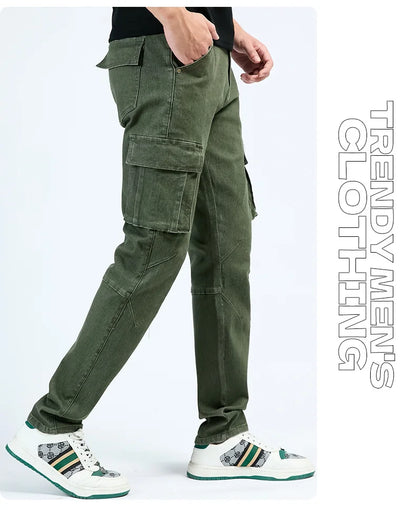 Men's Street Style Elastic Waist Denim Cargo Pants Solid Color Washed Slim Fit Casual Jeans with Multiple Pockets for Daily Wear