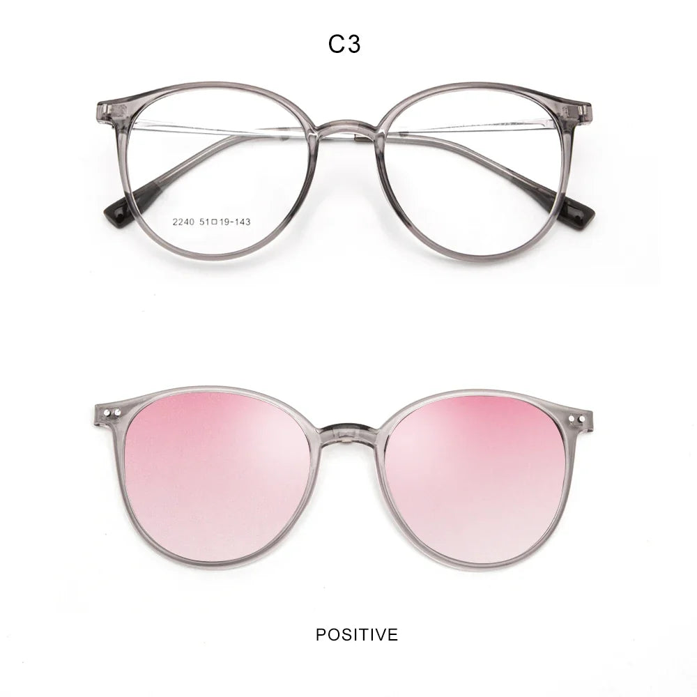 Magnetic Clip On Glasses Women Driving Polarised Round Pink Optical Myopia Eyewear Men Custom Prescription Glasses 2240