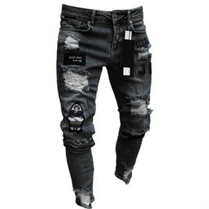 new White Embroidery Jeans Men Cotton Stretchy Ripped Skinny Jeans High Quality Hip Hop Black Hole Slim Fit Oversize Denim Pants