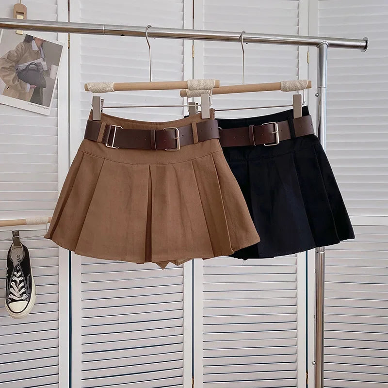 Girls Pleated Skirt Brown Casual All-match Cargo Skirt for Kids 3-13 Years Children Short A-line High Waist Tutu Skirt with Belt