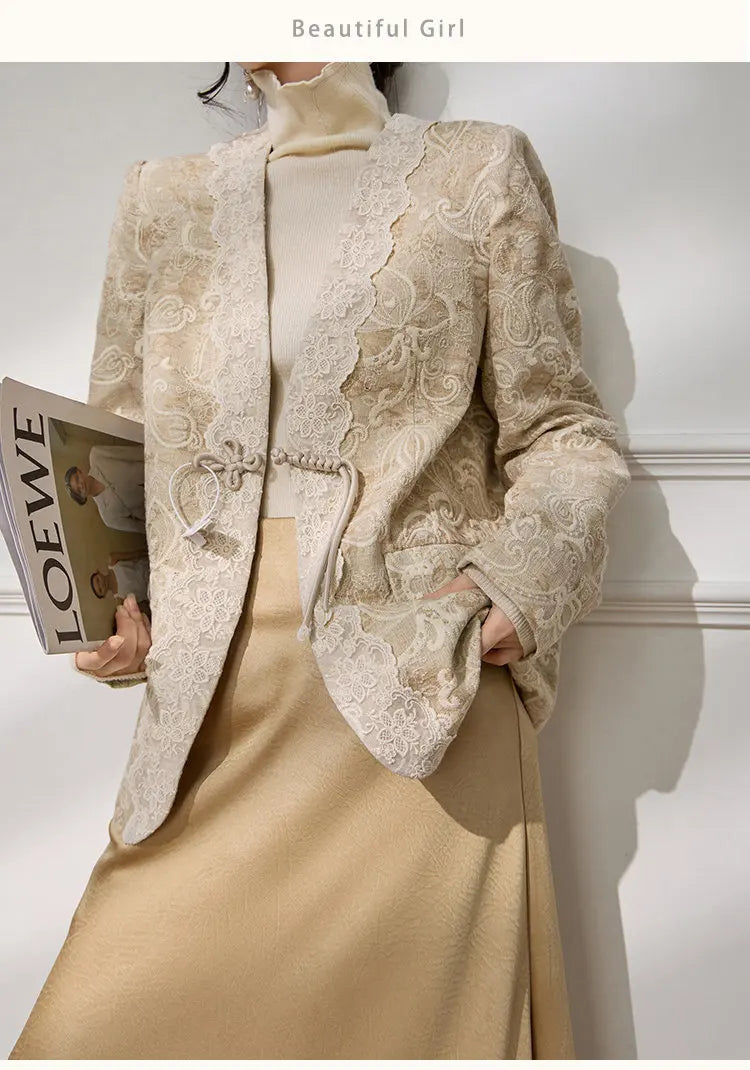 Women's Jacquard Blazer Lace Patchwork Frog Button Jacket Chinese Style Slim Fit Elegant Office Wear Spring Autumn Coat