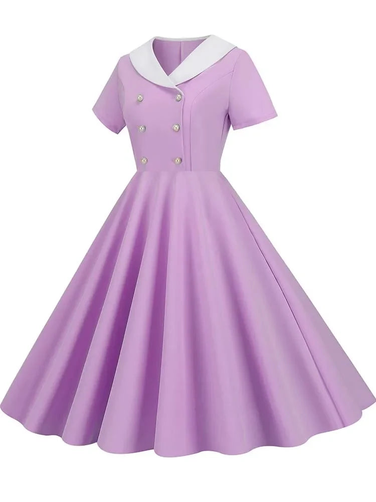 Summer Midi Dress Women Elegant Pink Vintage Party Sundress Casual Peter pan Collar Short Sleeve Dress