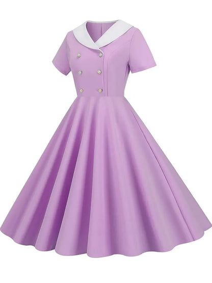 Summer Midi Dress Women Elegant Pink Vintage Party Sundress Casual Peter pan Collar Short Sleeve Dress